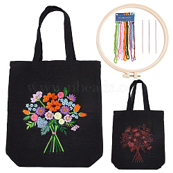 DIY Canvas Bag Flower Embroidery Kits, Include Polyester Threads, Iron Needles and Plastic Embroidery Frame, Black, Canvas Bag: 578x337x12mm(DIY-WH0374-84A)