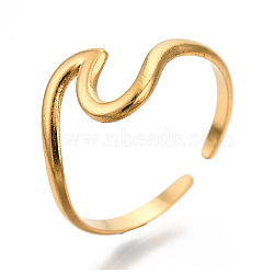Ion Plating(IP) 304 Stainless Steel Sea Wave Cuff Rings, Open Rings for Women Girls, Real 18K Gold Plated, US Size 7(17.9mm)(X-RJEW-N038-115LG)