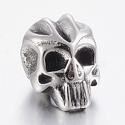 304 Stainless Steel Beads, Skull, Antique Silver, 10x7.5x8mm, Hole: 3mm(STAS-F150-094AS)