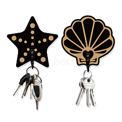 Wooden & Zinc Alloy Hook Hangers, Wall Mounted Key Hooks, Star & Shell Shape, Ocean Themed Pattern, 100x100~105x7mm, 2 style, 1pc/style, 2pcs/set(DIY-WH0460-001)