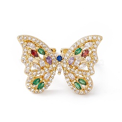 Colorful Cubic Zircon Butterfly Open Cuff Ring, Rack Plating Brass Jewelry for Women, Cadmium Free & Nickel Free & Lead Free, Real 18K Gold Plated, US Size 6 3/4(17.1mm)(RJEW-B043-07)