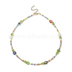 Flower & Smile Face Acrylic & Seed Beaded Necklace for Women, Colorful, 15.87 inch(40.3cm)(NJEW-JN04303)