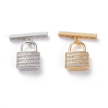 Brass Micro Pave Clear Cubic Zirconia Lobster Toggle Clasp, Lock, Mixed Color, Lock: 15.5x12x5mm, Hole: 6x5mm, Bar: 4x20x2.5mm