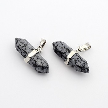 Natural & Snowflake Obsidian Double Terminated Pointed Pendants, with Platinum Plated Brass Findings, Bullet, 15.5x30~35x8~9mm, Hole: 5x7.5mm