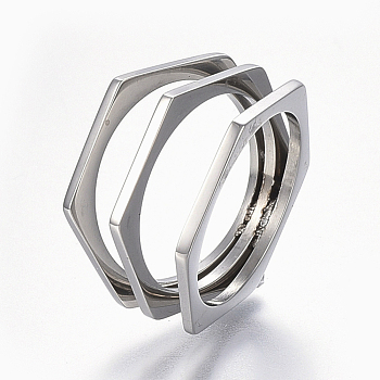 304 Stainless Steel Wide Band Finger Rings, Hexagon, Size 6~9, Stainless Steel Color, 16~19mm