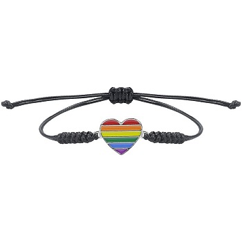 Rainbow Heart Alloy Enamel Handmade Braided Cord Bracelets, Adjustable Friendship Bracelets for Women, Black