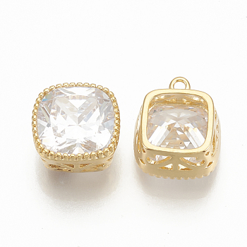 Brass Cubic Zirconia Charms, Square, Nickel Free, Real 18K Gold Plated, 10x9x5mm, Hole: 1mm