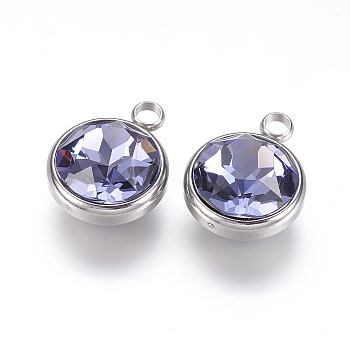 Glass Rhinestone Charms, with 304 Stainless Steel Findings, Faceted, Flat Round, Stainless Steel Color, Purple Velvet, 14x10x7mm, Hole: 2.5mm