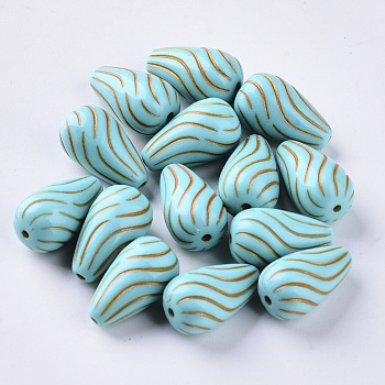 Plating Acrylic Beads, Golden Metal Enlaced, Teardrop, Dark Turquoise, 16.5x10mm, Hole: 1mm, about 535pcs/500g