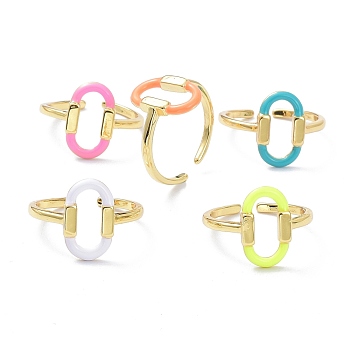 Brass Enamel Cuff Rings, Real 18K Gold Plated, Long-Lasting Plated, Oval, Mixed Color, US Size 7(17.3mm), 1.5mm