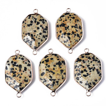 Natural Dalmatian Jasper Links Connectors, with Edge Rose Gold Plated Brass Findings, Faceted, Polygon, 39~40x22~23x5~7mm, Hole: 2.5mm