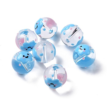 Transparent Glass Beads, with Enamel, Round, Sky Blue, Cloud Pattern, 14~15x13~13.5mm, Hole: 1.5~1.6mm