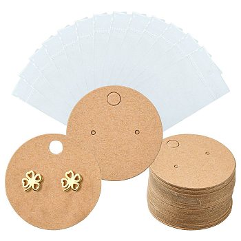 50Pcs Paper Jewelry Display Cards, for Hanging Earring Display, Flat Round, with 50Pcs OPP Cellophane Bags, BurlyWood, Card: 4cm