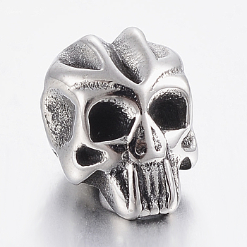 304 Stainless Steel Beads, Skull, Antique Silver, 10x7.5x8mm, Hole: 3mm