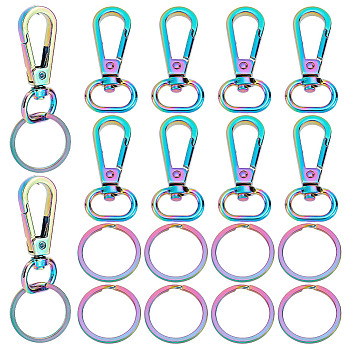 Elite 10Pcs Rainbow Color Zinc Alloy Keychain Clasps, with 10Pcs Ion Plating(IP) 304 Stainless Steel Split Key Rings, Clasps: 47x22x6mm, Hole: 16x6mm, Inner Diameter: 10mm, Key Rings: 25x2mm