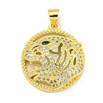 Brass Micro Pave Cubic Zirconia Pendants, Ring with Leopard Charms, Real 18K Gold Plated, 23x20.5x5.8mm, Hole: 4x3mm