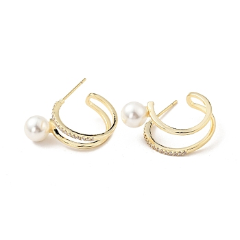 Clear Cubic Zirconia C-shape Stud Earrings with Acrylic Pearl, Brass Half Hoop Earrings for Women, Cadmium Free & Nickel Free & Lead Free, Real 18K Gold Plated, 16.5x22x11mm, Pin: 0.7mm