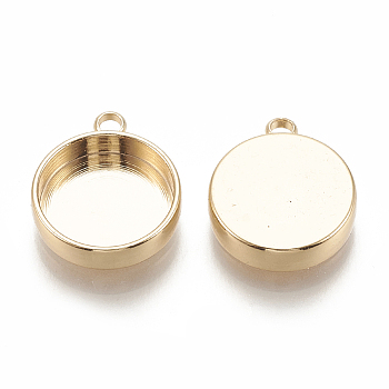 Brass Pendant Cabochon Settings, Plain Edge Bezel Cups, Flat Round, Nickel Free, Real 18K Gold Plated, Tray: 12mm, 16x13.5x3.5mm, Hole: 1.5mm