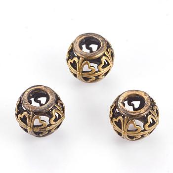 Brass Beads, Hollow, Round with Heart, Brushed Antique Bronze, 11.5x9mm, Hole: 5mm