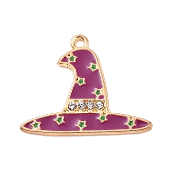 Alloy Rhinestone Pendants, with Dark Orchid Enamel, Witch Hat Charms, Golden, 22x27x1.5mm, Hole: 1.5mm