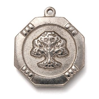 304 Stainless Steel Pendants, Octagon with Tree of Life, Stainless Steel Color, 29x25x3.5mm, Hole: 1.8mm