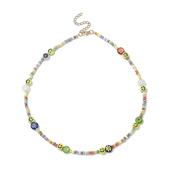 Flower & Smile Face Acrylic & Seed Beaded Necklace for Women, Colorful, 15.87 inch(40.3cm)