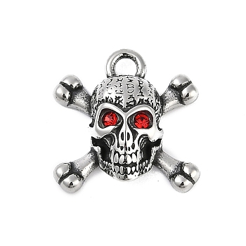 316 Surgical Stainless Steel Micro Pave Cubic Zirconia Pendants, Antique Silver, Skull Charm, Red, 16x16x6mm, Hole: 2.3mm