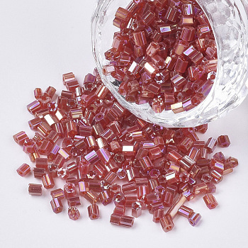 6/0 Two Cut Glass Seed Beads, Hexagon, Transparent Colours Rainbow, FireBrick, 3.5~5x3.5~4mm, Hole: 1mm, about 4500pcs/bag