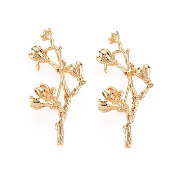 Brass Brooch Findings, For Half Drilled Beads, Leafy Branches, Nickel Free, Real 18K Gold Plated, 45x20x15mm, Pin: 0.8mm, Pin: 0.9mm(for Half Drilled Bead)