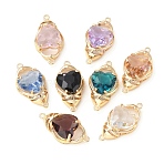 Brass K9 Glass Connector Charms, Cadmium Free & Nickel Free & Lead Free, Light Gold Tone Heart Links, Mixed Color, 27x14.5x8mm, Hole: 1.5mm(KK-C024-51KCG)