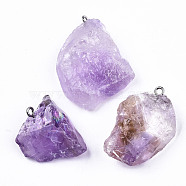 Natural Amethyst Pendants, Rough Raw Stone, with 304 Stainless Steel Loops, Nuggets, 25~45x20~31x10~20mm, Hole: 2mm(G-N332-023-03)