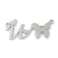 Non-Tarnish 304 Stainless Steel Pendants, Letter & Butterfly Charms, Letter W, 12x27.5x0.9mm, Hole: 1.2mm(STAS-L279-002P-W)