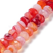 Natural Banded Agate/Striped Agate Beads Strands, Dyed & Heated, Faceted Rondelle, Red, 8~8.5x5~5.5mm, Hole: 1mm, about 72pcs/strand, 15.24~15.35''(38.7~39cm)(G-E605-A02-02E)