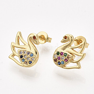 Brass Micro Pave Cubic Zirconia Stud Earrings, with Ear Nuts/Earring Back, Swan, Colorful, Golden, 12.5x12mm, Pin: 1mm(ZIRC-T006-74G)