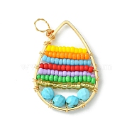 Dyed Natural Magnesite & Glass Seed Beaded Pendants, Teardrop Charms, Colorful, 43.5x26x3.5mm, Hole: 2.5mm(PALLOY-MZ00196)