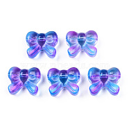 Transparent Spray Painted Glass Beads, Two Tone, Bowknot, Blue, 14x16x6mm, Hole: 1mm(GLAA-N035-025-G02)