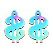Ion Plating(IP) 201 Stainless Steel Charms, Dollar Sign, Rainbow Color, 26x15x1.5mm, Hole: 1.2mm(STAS-N098-133M)