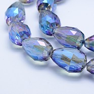 Electroplate Glass Beads Strands, Full Plated, Faceted, teardrop, Cornflower Blue, 27~28x18mm, Hole: 2mm, about 25pcs/strand, 26.3 inch~27.1 inch(67cm~69cm)(EGLA-E049-FR04)