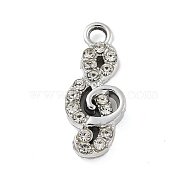 Alloy Rhinestone Pendants, UV Plated, Musical Note, Platinum, 18x7.5x3mm, Hole: 1.8mm(PALLOY-P308-02P)