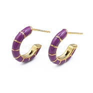 Enamel C-shape Stud Earrings, Gold Plated 304 Stainless Steel Half Hoop Earrings for Women, with Ear Nuts, Purple, 18x16x3.5mm, Pin: 0.8mm(EJEW-N052-05F)