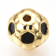 Brass Enamel Beads, FootBall/Soccer Ball, Black, Golden, 10mm, Hole: 1.5mm(KK-Q738-10mm-02G)