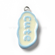 Opaque Resin Pendants, with Platinum Tone Iron Loops, Cloud Charm with Word Cute, Light Sky Blue, 30x15x5mm, Hole: 2.2mm(RESI-G056-04)
