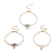 Gemstone Chips & Pearl Beaded Bracelet, Clear Cubic Zirconia Moon & Star Charm Bracelet for Women, Golden, 7-5/8 inch(19.5cm)(BJEW-JB08236)