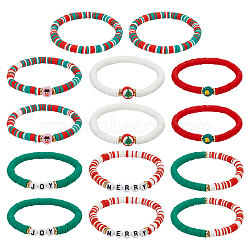 14Pcs 2 Sets Christmas Theme Polymer Clay Heishi Beaded Stretch Bracelets, Alloy Enamel Link Bracelets Set for Men Women, Mixed Color, Inner Diameter: 2-1/8~2-1/4 inch(5.4~5.65cm), 7pcs/set(BJEW-ME0001-17B)