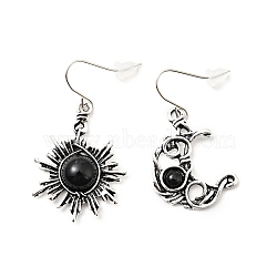 Resin Beaded Moon and Sun Asymmetrical Earrings, Alloy Dangle Earrings for Women, Black, 40.5~45mm, Pin: 0.6mm(EJEW-C036-01E)