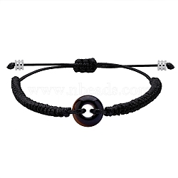 Natural Tiger Eye Donut Braided Bead Bracelet, Adjustable Gemstone Bracelet for Women, Black, Inner Diameter: 2~3-3/8 inch(5~8.6cm)(BJEW-SW00047-09)