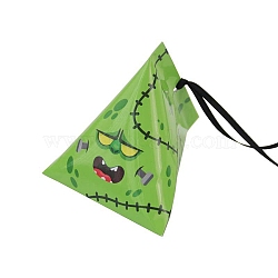 Halloween Cartoon Cardboard Candy Boxes, with Silk Ribbon, Triangle Snake Gift Box, for Halloween Party Supplies, Green Yellow, 9.4x8.4x8cm(CON-G017-01A)