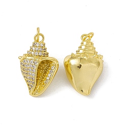 Rack Plating Brass Micro Pave Cubic Zirconia Pendants, with Jump Ring, Real 18K Gold Plated, Long-Lasting Plated, Cadmium Free & Nickel Free & Lead Free, Conch Charm, Clear, 22x14x10.5mm, Jump Ring: 5x0.9mm, Inner Diameter: 3.2mm(X-KK-C007-30G)