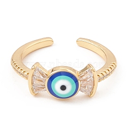 Blue Enamel Candy with Evil Eye Open Cuff Ring with Clear Cubic Zirconia, Brass Jewelry for Women, Lead Free & Cadmium Free, Real 18K Gold Plated, US Size 6(16.5mm)(KK-E005-06G)