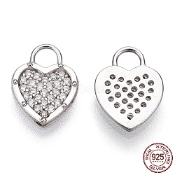 Rhodium Plated 925 Sterling Silver Micro Pave Cubic Zirconia Charms, with S925 Stamp, Heart Charms, Nickel Free, Real Platinum Plated, 11x8x1.2mm, Hole: 2.5x2.5mm(STER-T004-66P)